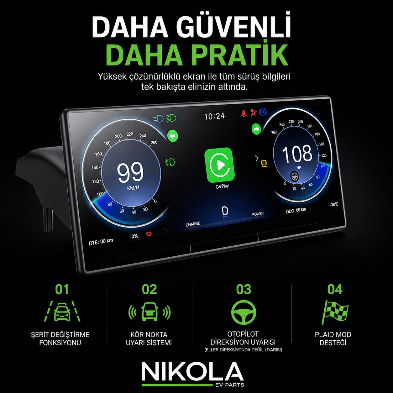 Tesla Model Y Legacy  9 inch Gösterge Ekranı, Carplay ve Android  (ön kamera dahil değildir)