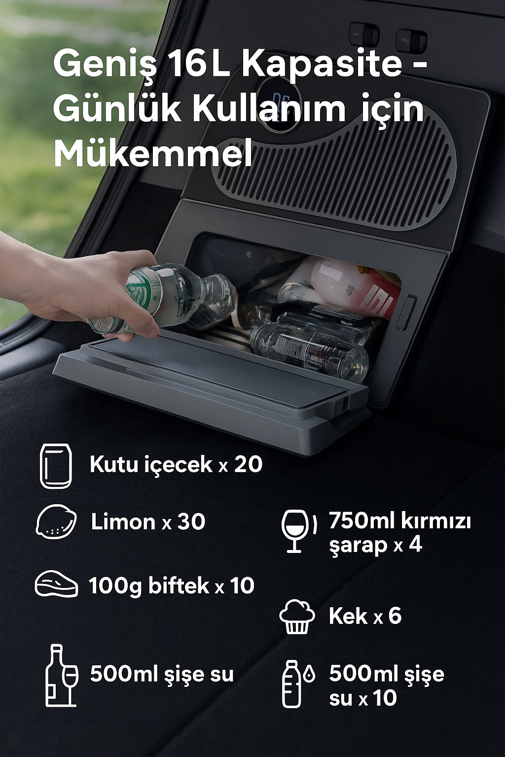 Tesla Model Y Legacy ile Uyumlu TEMAI 16L Kapasiteli Mini Buzdolabı, Çift Bölmeli Soğutma ve Dondurma Özellikli, LED Ekranlı ( JUNIPER İLE UYUMLU DEĞİLDİR !)
